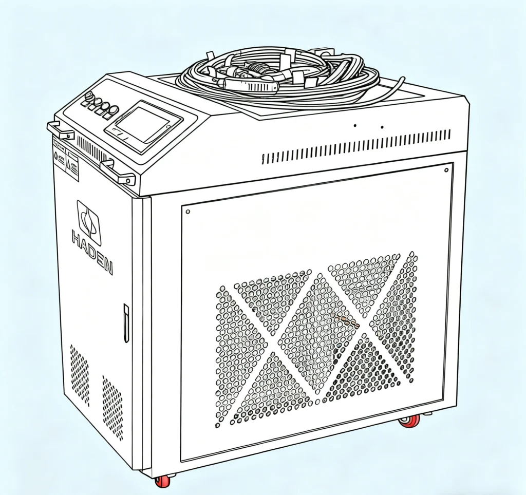 Three-module architecture of a portable fiber laser cutting system showing source, chiller, and gas control.